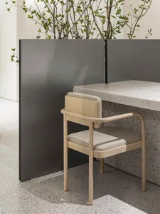 Minimalist office workstation featuring wooden chair with cushion, plant, and terrazzo countertop