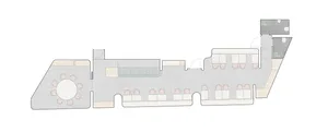 A 2D technical drawing depicting a modern commercial office space with white paneling and concrete flooring.