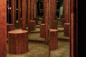 Modern interior design featuring wooden furniture.