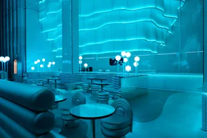 Interior design featuring modern materials and LED lighting.