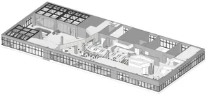 3D perspective of a modern office space with glass walls, desks, and lighting fixtures.