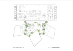 A detailed architectural floor plan of a restaurant showing the layout of dining areas, kitchen, and additional rooms.