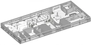 A modern hotel suite with a focus on concrete materials.