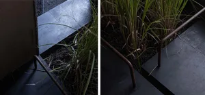 Concrete and steel plant bed with green grass.