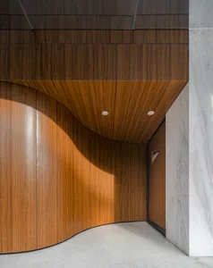 Modern interior space with wooden walls and white marble accents.