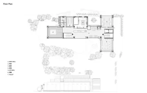 A detailed architectural blueprint of a modern house, including rooms, layout, and dimensions.