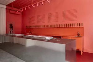 A sleek modern cafe interior with a metal counter adorned with floral print installed lights and a menu board displaying ice 
