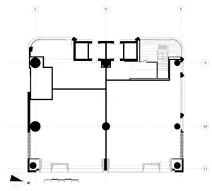 2D architectural drawing of a modern floor plan, technical layout with labeled dimensions.