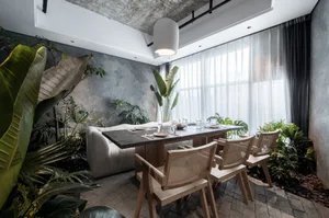 Dining room with industrial design elements and wooden furniture.
