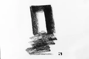 A black and white drawing of a doorway with a textured surface.