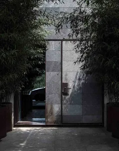 A modern exterior with concrete walls and lush foliage.