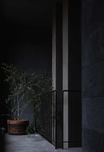 A minimalist interior with concrete walls and a wooden bucket containing green plants.