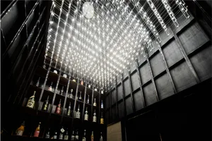 An industrial-style bar interior with metallic walls and ceiling, illuminated by numerous small lights arranged in a grid pat