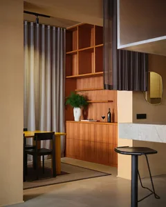 Modern minimalist living room featuring wooden furniture, a potted plant, and a glass of wine.