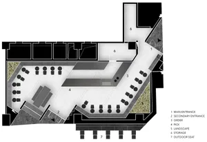 A detailed architectural drawing of a modern restaurant's floor plan featuring concrete material