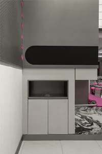 Modern commercial space with concrete walls and flooring, featuring minimalist design elements and a sleek, contemporary aest