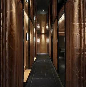 Modern interior corridor featuring wooden paneling on walls and ceiling, with illuminated lights.