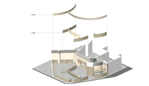 Modern architectural interior with wooden materials and curved design elements.