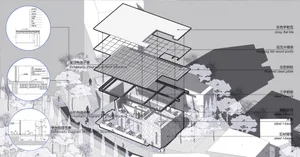 Perspective view of a modern urban design structure with various architectural materials and elements.