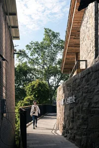 Person walking on a pathway surrounded by trees and buildings.