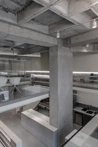 Modern office interior featuring concrete and glass materials.