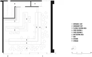Floor plan of a cafe seating area with numbers and labels for entrance/exit, emergency exit, flexible seating area, fixed sea