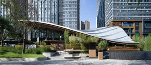 An image of a modern architectural design featuring commercial space with a concrete roof, wooden and metal accents, and glas