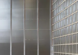A modern interior room featuring glass block walls.