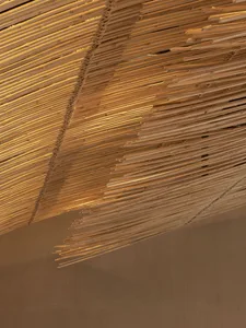 A modern interior design featuring a textured wood ceiling with light shining through the slats.