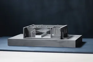 A 3D architectural model of a modern office space featuring a wood frame structure.