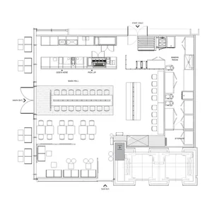 A detailed architectural floor plan of a restaurant interior, featuring order stations, kitchen areas, dining areas, and stor