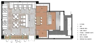 Floor plan of a restaurant with tile and concrete materials.