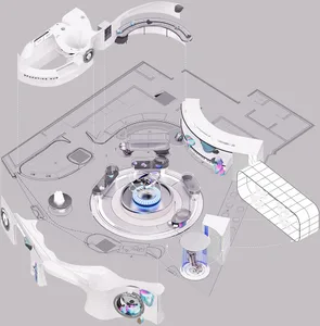A futuristic rendering of a spacetime hub featuring a central portal with crystals, a gas stove, and various futuristic eleme