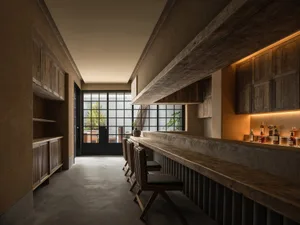 A wooden and concrete industrial-style bar with concrete floor and industrial-style cabinets.