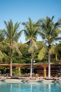 Swimming pool area with minimalist design features and wooden amenities.
