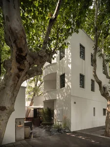 Minimalist building exterior painted white with green foliage hanging from above.