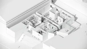 An isometric architectural rendering of a modern restaurant featuring exposed concrete walls and extensive use of glass.