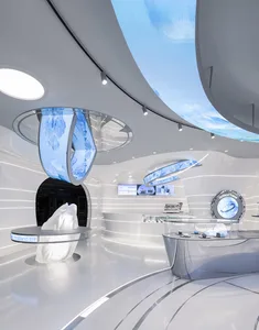 A futuristic travel agency storefront with a glass entrance, illuminated by blue light.
