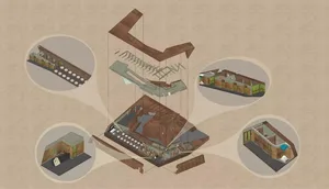 Isometric view of a contemporary architectural structure with structural wood materials.