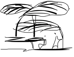 Black and white line drawing depicting a natural scene or landscape, featuring flowing, organic lines with no distinct object