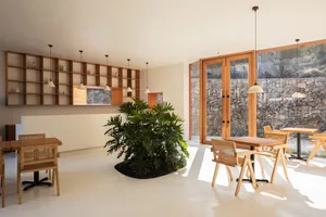 A modern café with wooden furniture and a central green plant island.