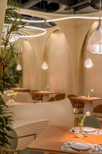 Interior design image of a modern restaurant featuring wooden tables, glass pendant lights, and fabric seating.