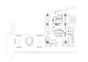A detailed 2D architectural drawing of a modern restaurant layout.