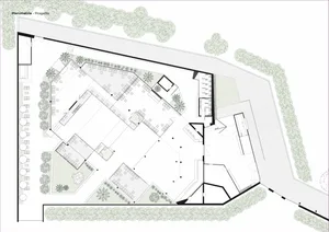 A detailed 2D architectural drawing of an office space showing the layout, rooms, and furniture arrangement.