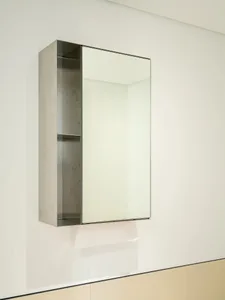 A sleek, stainless-steel bathroom cabinet with a reflective surface.