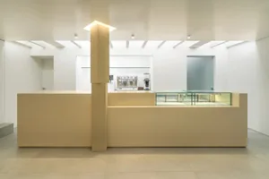 Modern minimalist coffee shop with concrete counters and glass displays.