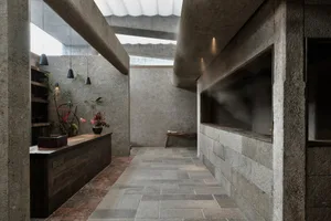 Concrete and glass interior design with modern industrial elements