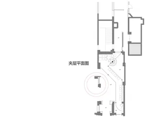 Modern interior design floor plan with a circular focus area.