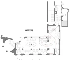 Linear 2D architectural drawing of a restaurant floor plan showing seating arrangements, tables, and functional zones.