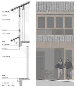 Architectural elevation drawing showing wood and glass facade with detailed components and materials.